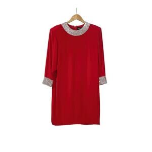 Pamela Dennis NY Red Silk White Sequins Long Sleeve Knee Length Glam Dress Sz 10